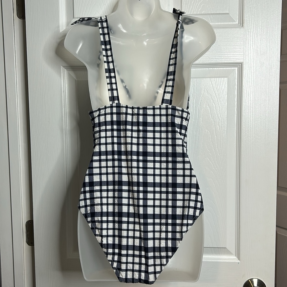J. Crew Navy and White Checkered Swimsuit 8 Padded One Piece - Picture 3 of 5
